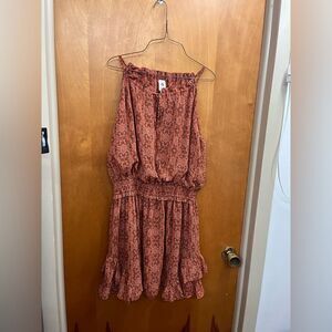 FLAWLESS Terracotta floral high neck smocked waist Mini Dress